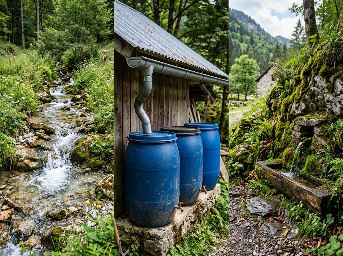 Natürliche Wasserquellen: Bergbach, Regenwassersammlung und Quelle für Trinkwassergewinnung