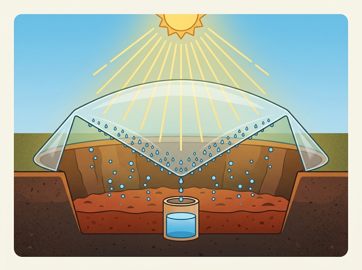 Solardestillation Querschnitt: Aufbau einer Wasserdestille mit Folie und Auffangbehälter