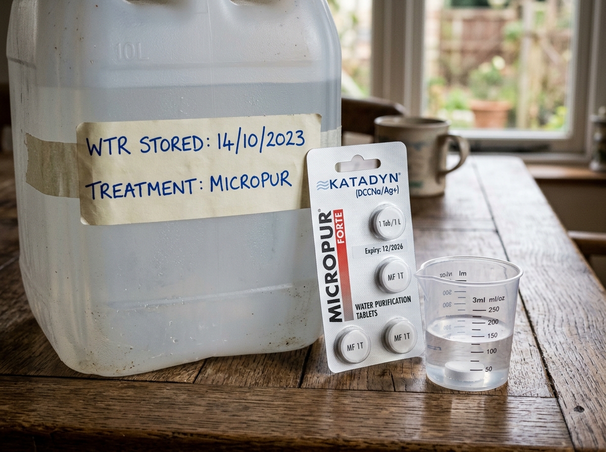 Wasserkanister-Etikett mit Datum, Micropur-Tabletten und Messbecher zur Wasserkonservierung