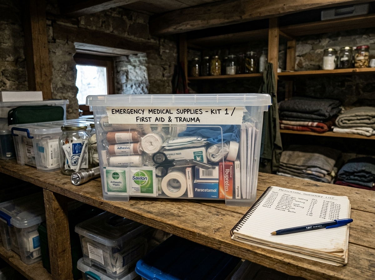Beschriftete Notfall-Apotheke-Box mit Medikamentenliste und Notizbuch im kühlen Lagerraum
