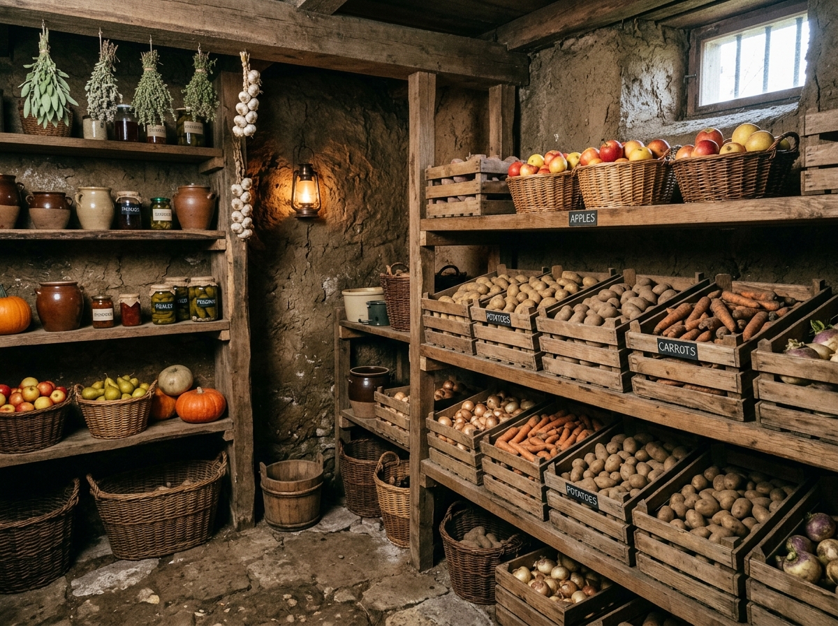 Organisierter Erdkeller mit Holzregalen, Gemüsekisten und Obstkörben zur Lagerung