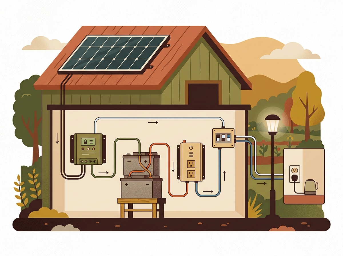 Schematische Darstellung einer Inselanlage mit Solarmodul, Laderegler, Batterie und Wechselrichter