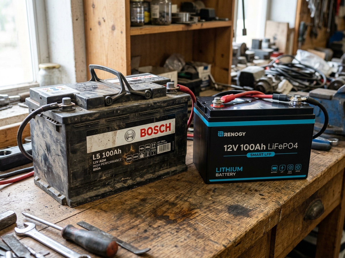 Größenvergleich zwischen Blei-AGM-Batterie und kompakter LiFePO4-Lithiumbatterie