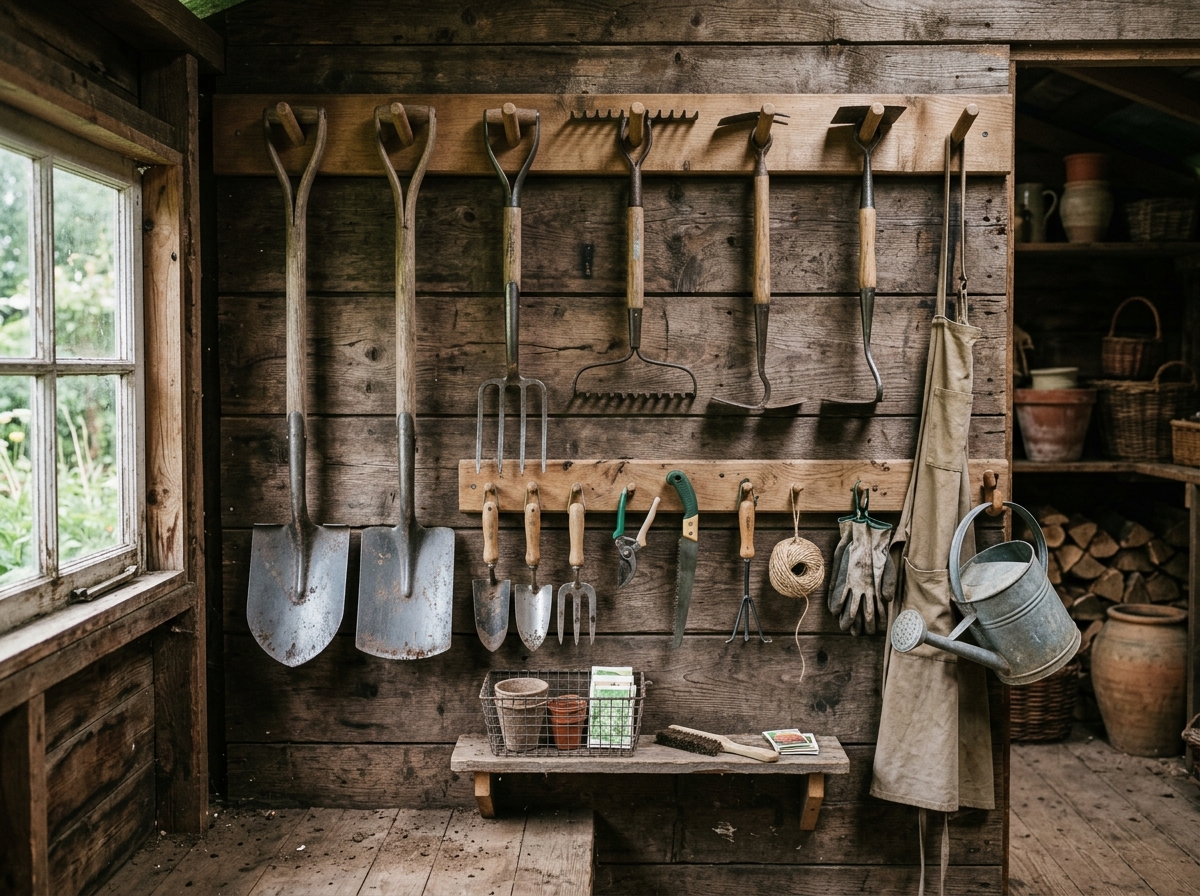 Aufgeräumte Werkzeugwand mit gepflegten Gartengeräten an Haken im Gartenhaus