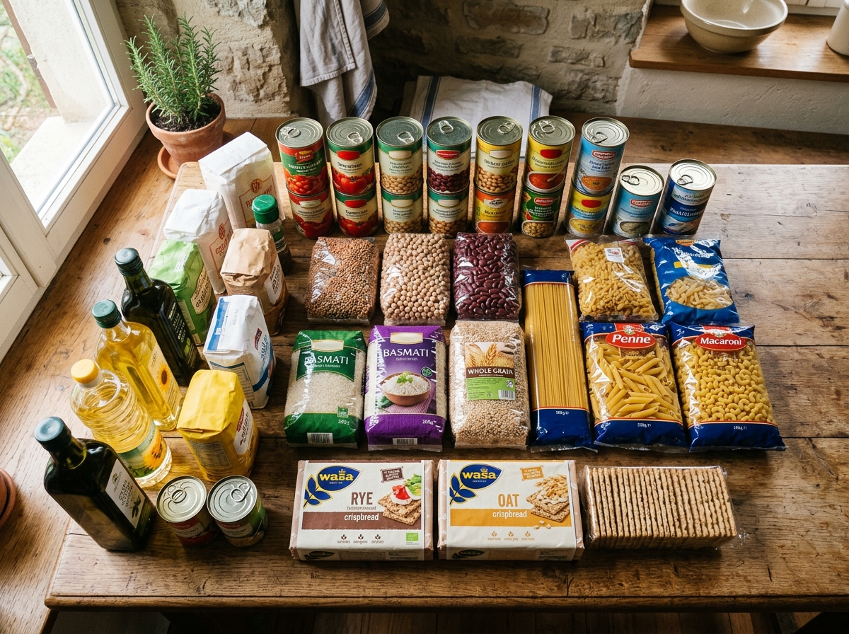 Haltbare Notvorräte wie Konserven, Nudeln, Reis und Knäckebrot auf Küchentisch