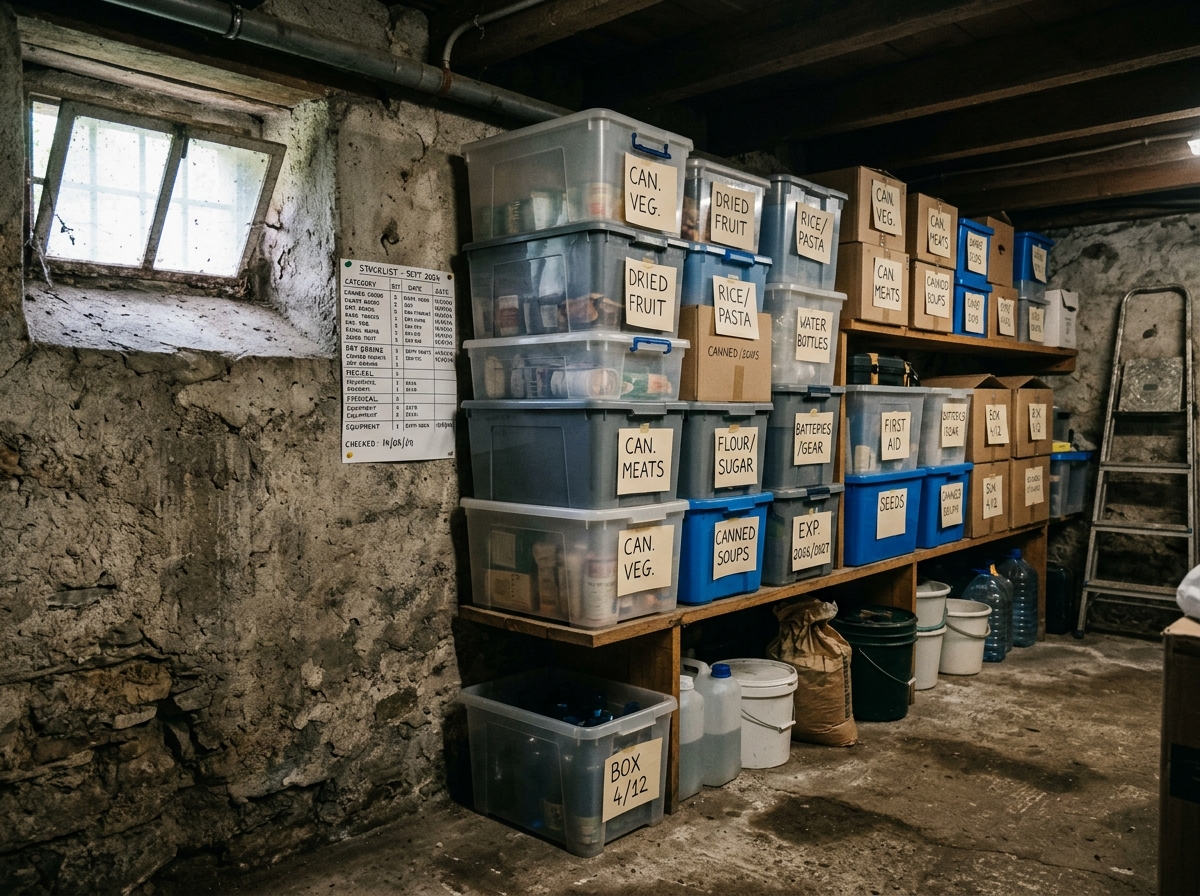 Beschriftete Vorratskisten im Keller mit Inventarliste für systematische Notfallvorsorge-Organisation