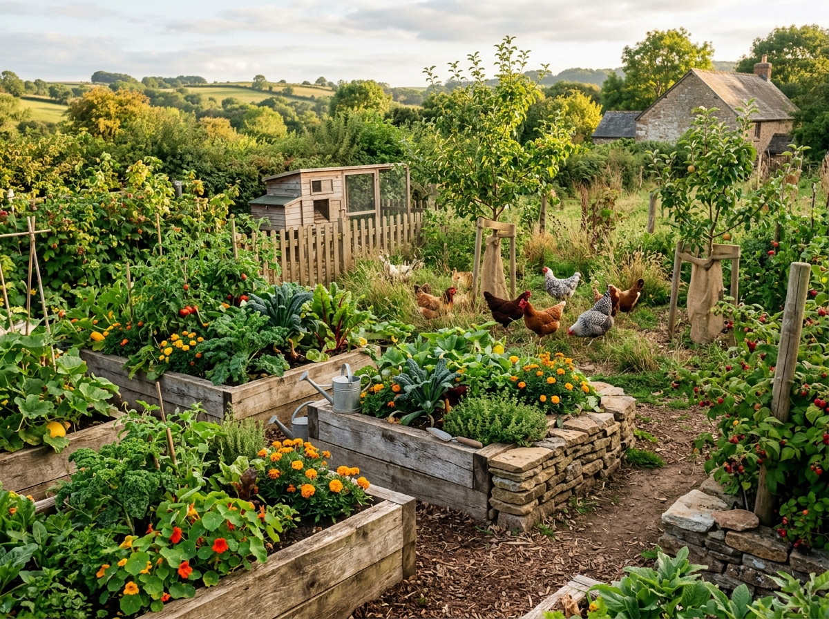 Kleiner Permakulturgarten mit Hochbeeten, Hühnern, Obstbäumen und Beerensträuchern