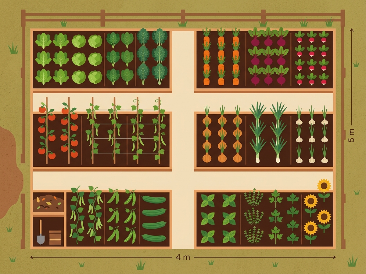 Gartenplan eines 20 qm Gemüsebeets mit verschiedenen Anbaubereichen in der Vogelperspektive