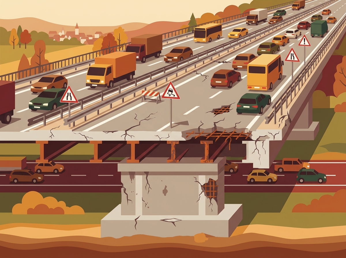 Infografik zeigt Schäden an Autobahnbrücke mit Rissen, Absperrungen und Verkehrsstau