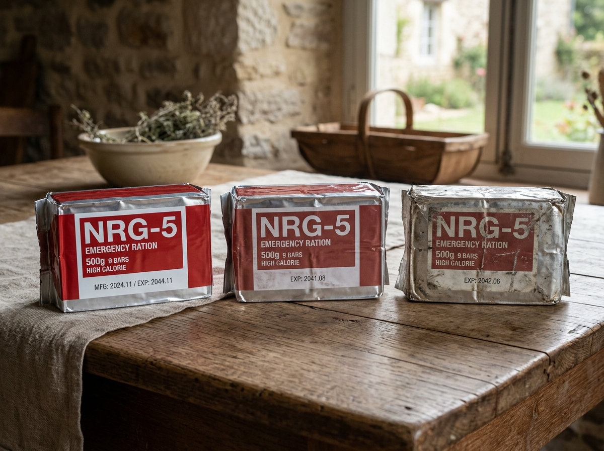 Vergleich drei NRG-5 Packungen: neu, nach 3 Jahren optimal gelagert, nach 2 Jahren Garagenlagerung