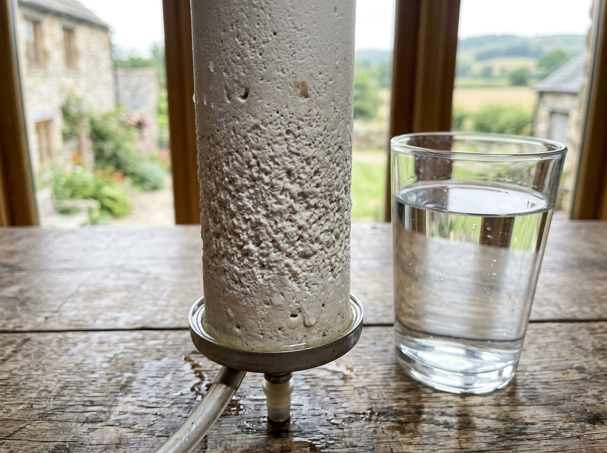 Nahaufnahme Keramikfilterkerze mit poröser Oberfläche neben Glas mit klarem Wasser