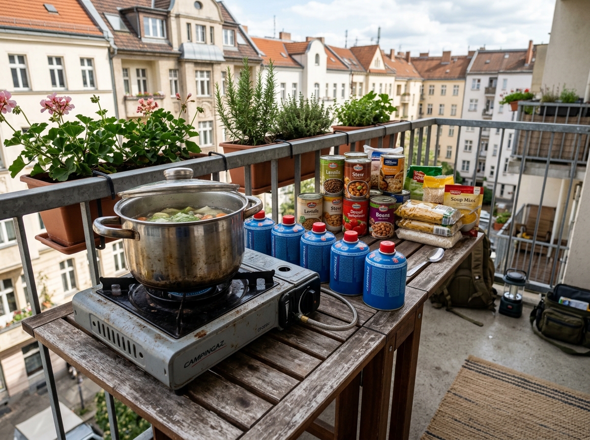 Campingkocher auf Balkon mit Topf, Gaskartuschen und Konserven für Notfallküche ohne Strom