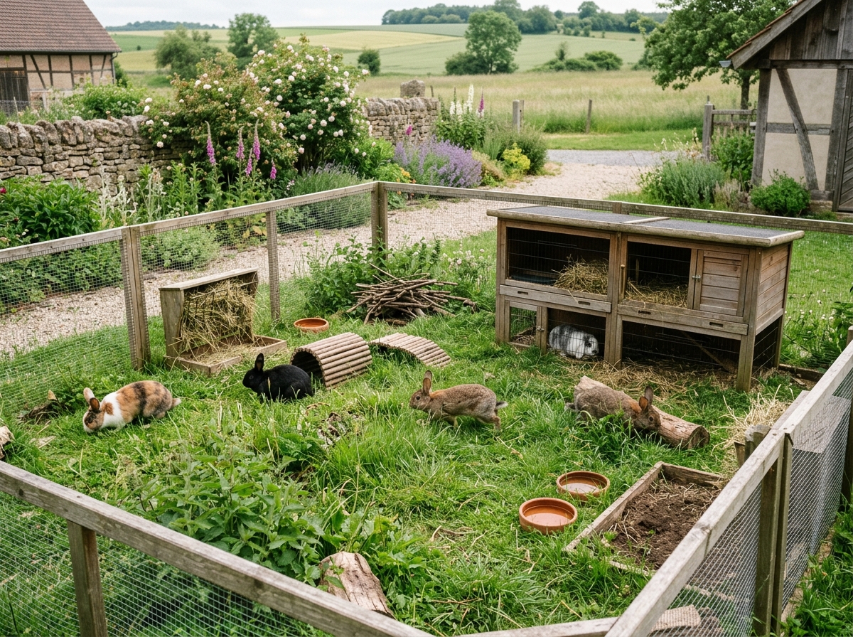 Artgerechtes Kaninchengehege mit Holzhütten und Auslauf im Selbstversorger-Garten