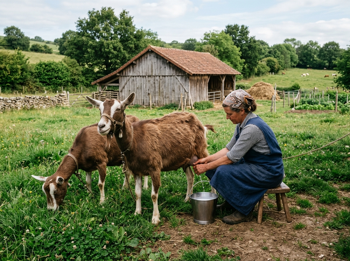 Milchziegen auf der Weide – eine Ziege wird gemolken für die Selbstversorgung mit Milch