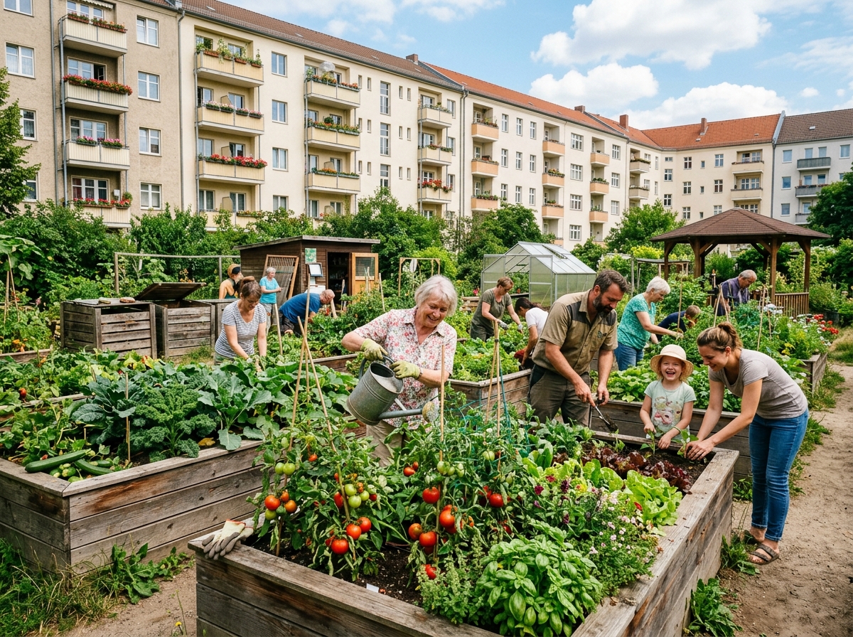 Urbaner Gemeinschaftsgarten mit Hochbeeten vor Wohnhäusern an einem Sommertag