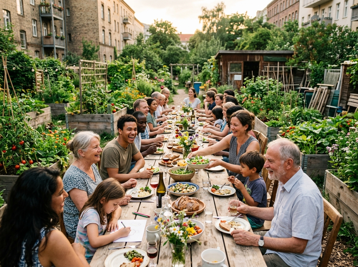 Nachbarschaftstreffen im Gemeinschaftsgarten mit gemeinsamer Mahlzeit an langem Tisch