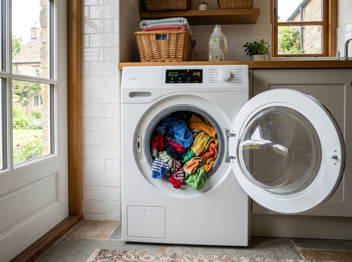 Vollbeladene Waschmaschine mit Eco-Programm spart Wasser und Energie pro Waschgang