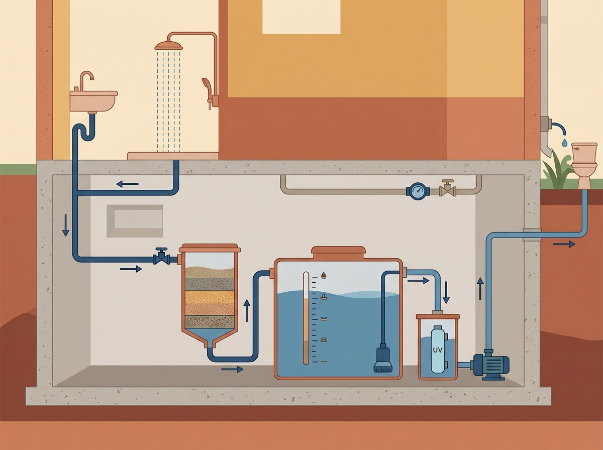 Schematische Darstellung einer Grauwasseranlage mit Filter und Speichertank im Keller