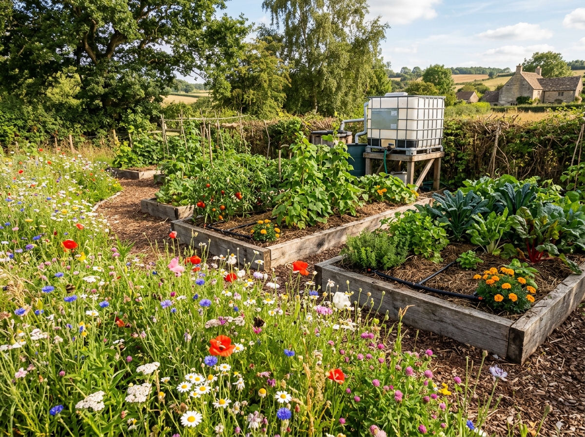 Naturgarten mit Tropfbewässerung, Mulch und Regenwassertank spart effektiv Trinkwasser