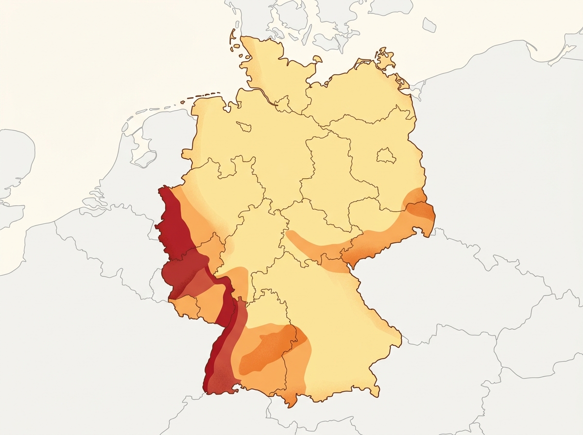 Karte Deutschland mit Erdbebenzonen: Oberrheingraben rot, Schwäbische Alb orange, Rest gelb
