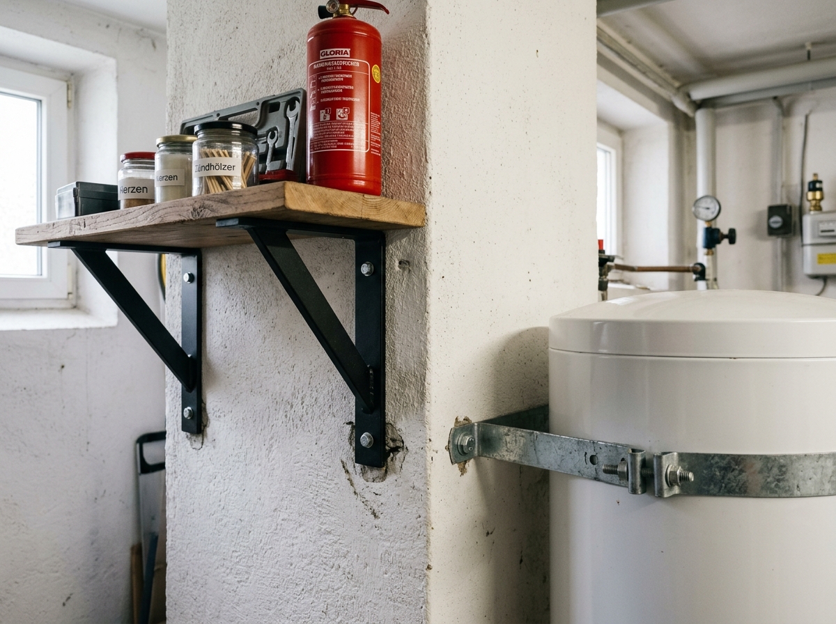 Gesichertes Regal mit Winkeln und Warmwasserboiler mit Metallbändern an Wand befestigt