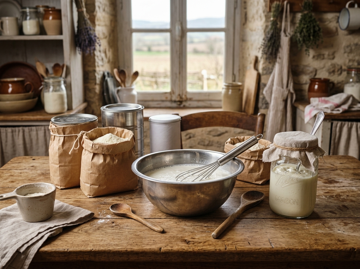 Milchpulver-Packungen, Schüssel mit angerührter Milch und fertiger Joghurt auf Holztisch