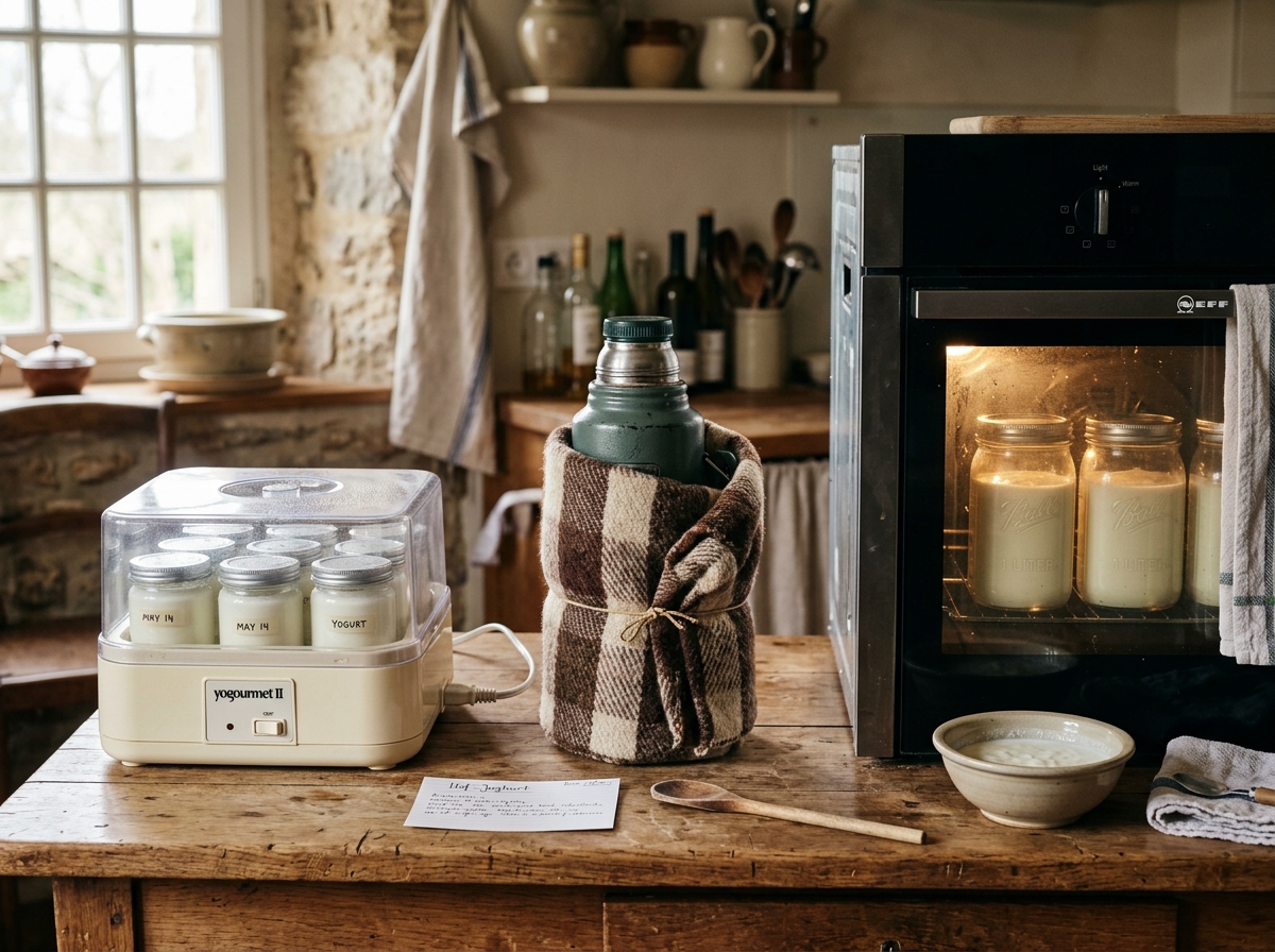 Drei Joghurt-Zubereitungsmethoden: Joghurtbereiter, eingewickelte Thermoskanne, Gläser im Backofen