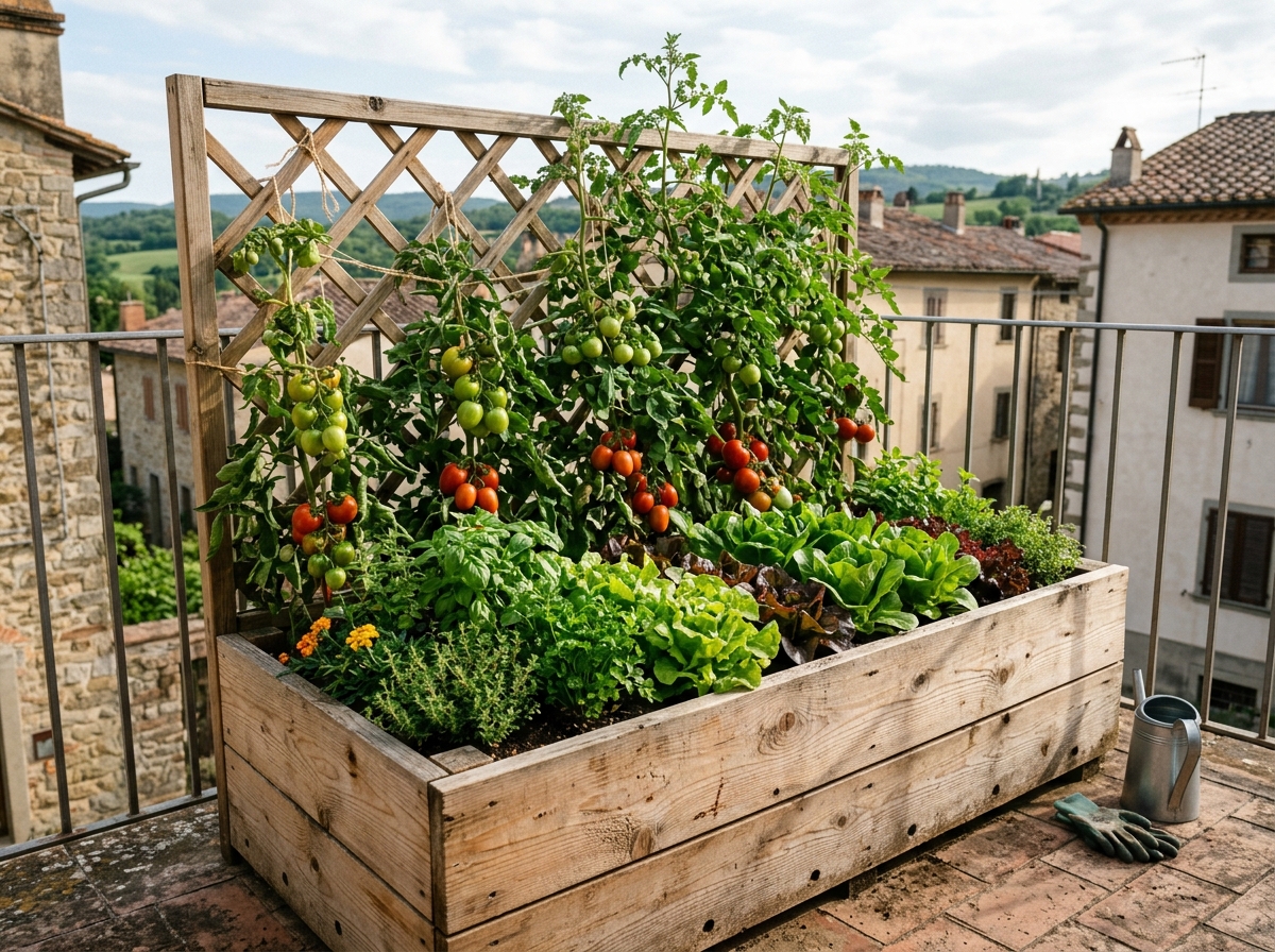 Selbstgebautes Holz-Hochbeet auf Balkon mit Tomaten-Rankhilfe und Mischkultur