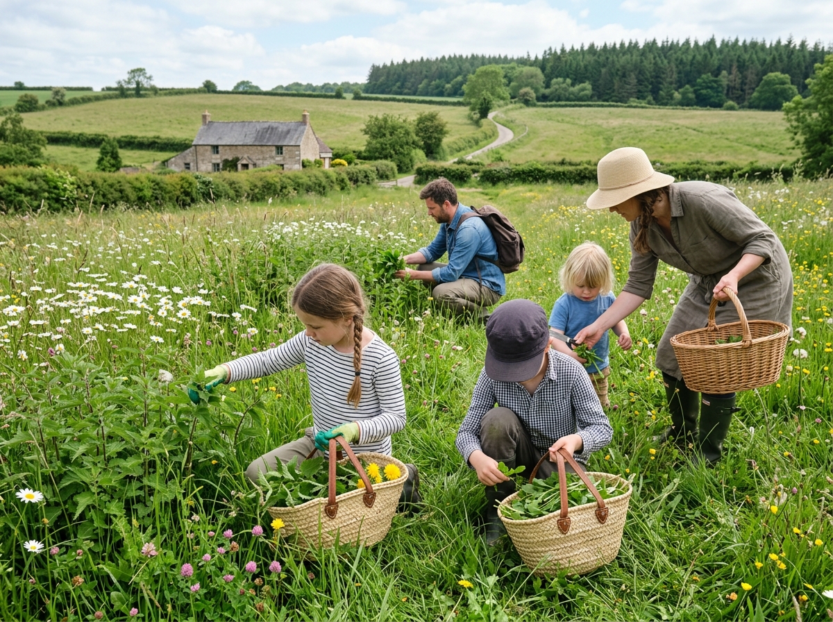 Kinder sammeln Wildkräuter wie Brennnesseln und Löwenzahn in Körben auf einer Wiese