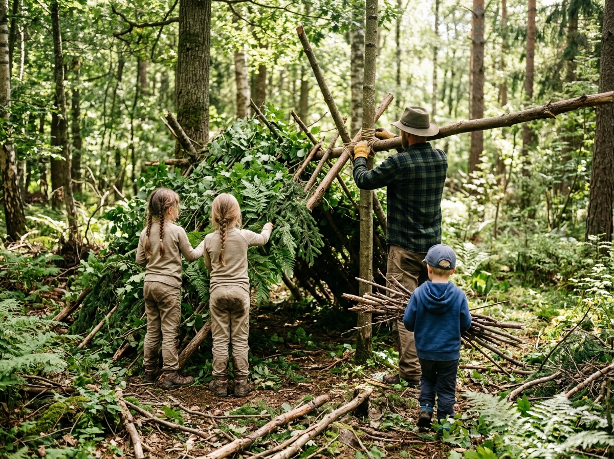 Kinder bauen Lean-to-Unterschlupf im Wald mit Ästen und Laub, Vater unterstützt beim Aufbau