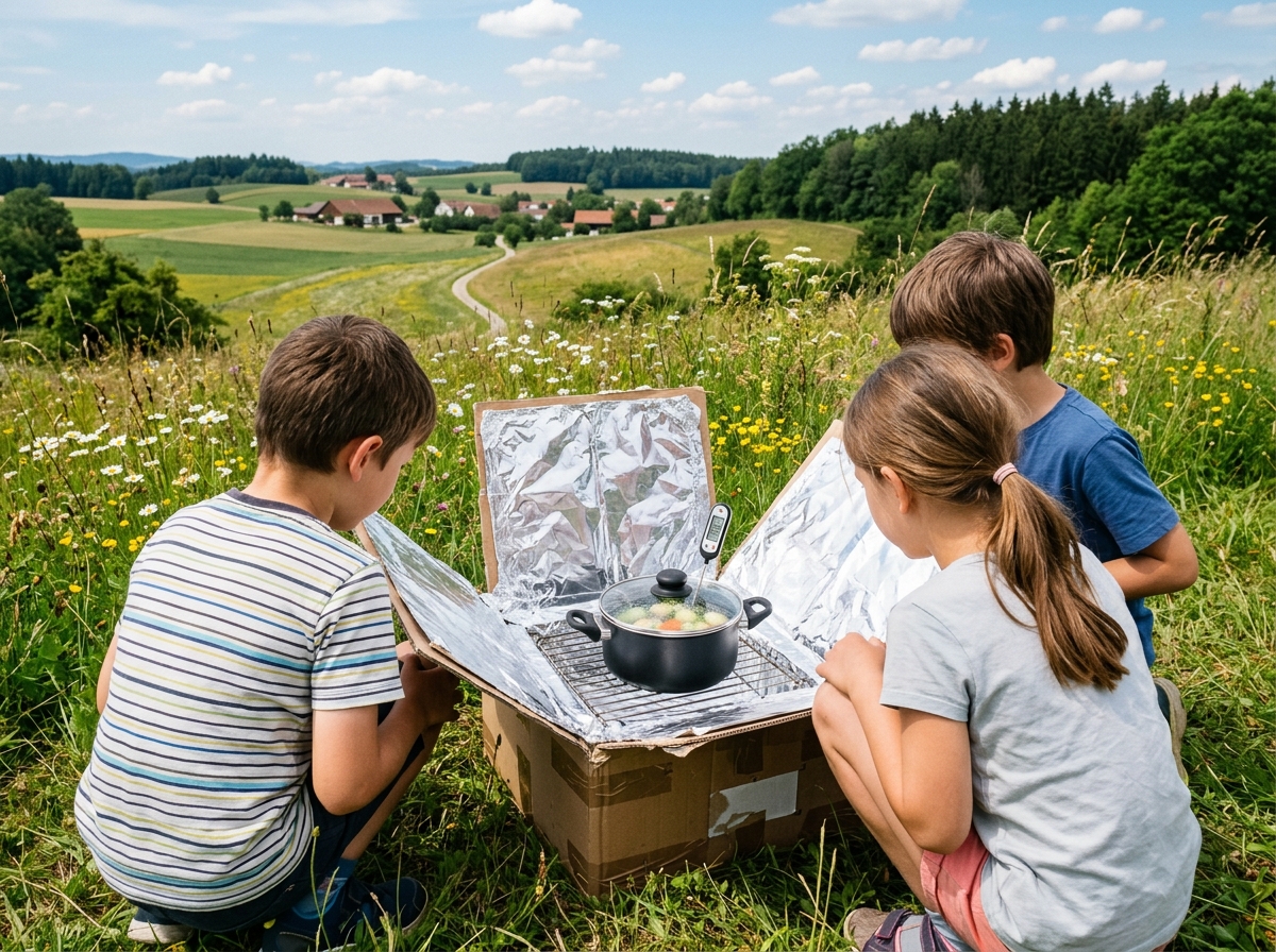 Selbstgebauter Solarkocher aus Karton und Alufolie, Kinder beobachten Topf mit Thermometer