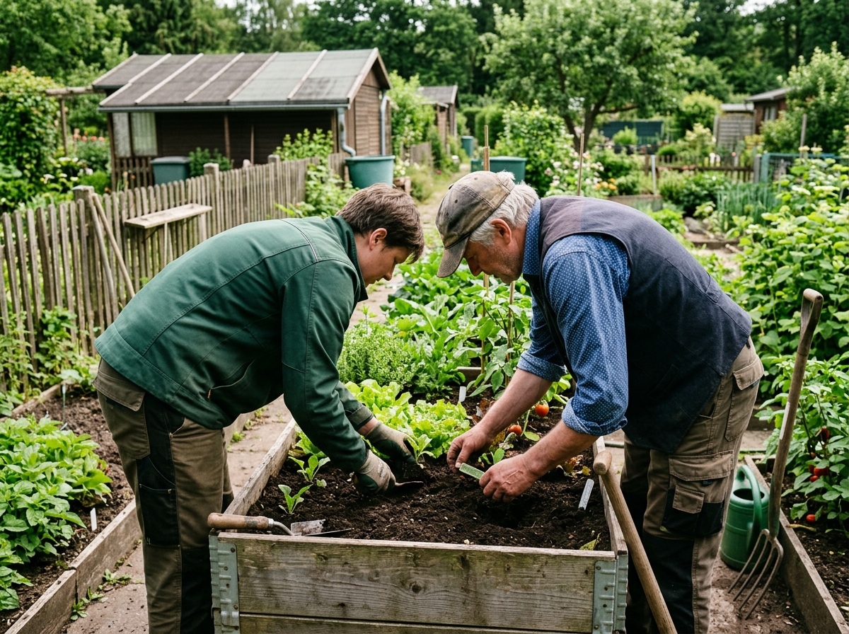 Zwei Personen arbeiten gemeinsam im Gemüsegarten, vertrauensvolle Zusammenarbeit