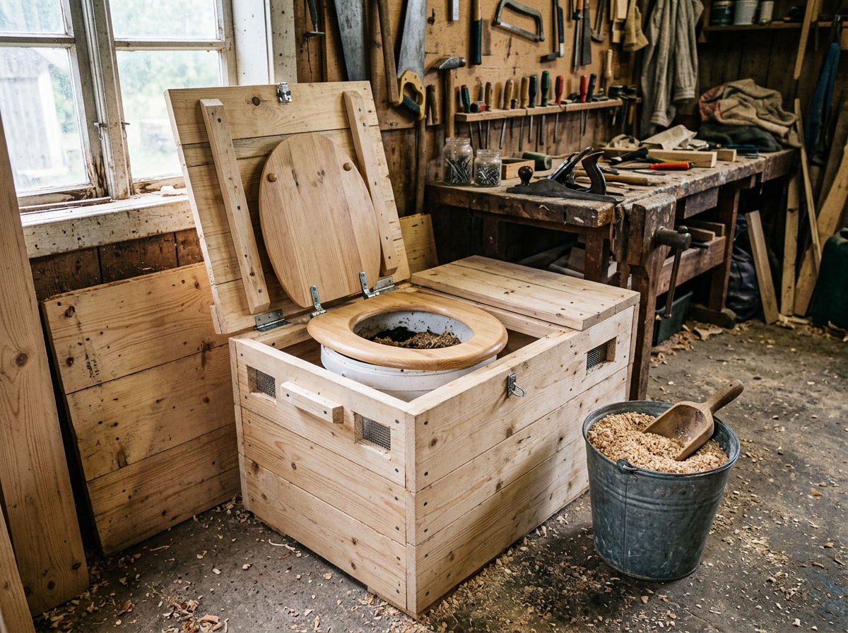 Aufbau einer Holz-Komposttoilette mit geöffnetem Sitz, Eimer und Sägespänen daneben