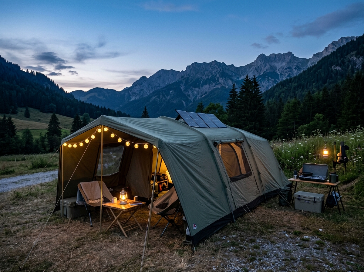 Vollständig ausgestattetes XXL-Camping-Basislager mit Zelt, Solaranlage und Lounge bei Dämmerung