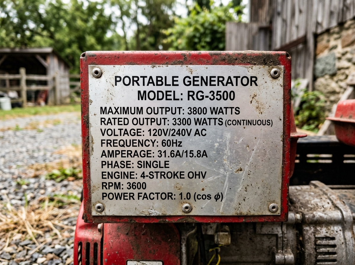 Typenschild eines Generators mit Nennleistung und Maximalleistung deutlich sichtbar