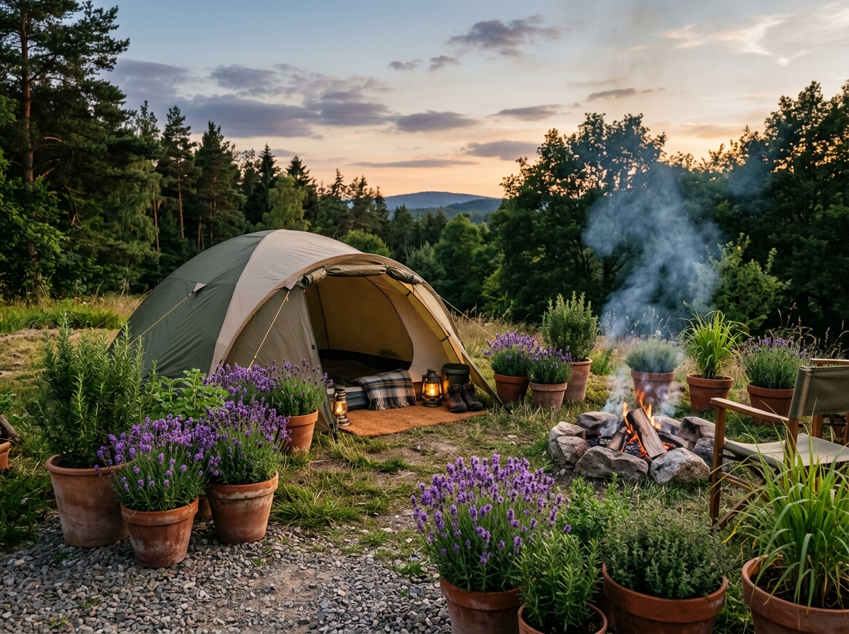Campingplatz mit Lavendel und Kräutern als natürlicher Insektenschutz am Lagerfeuer