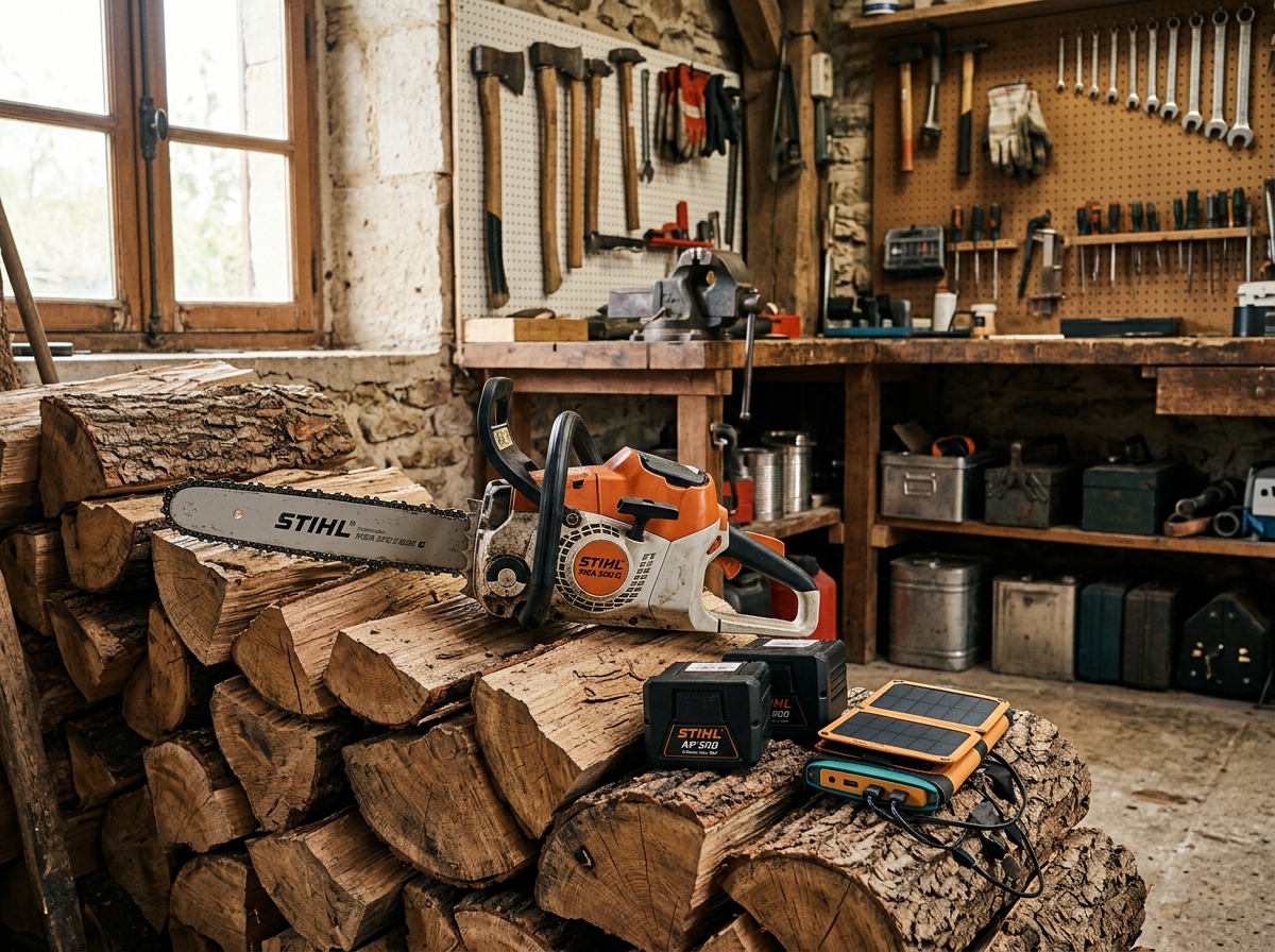 Akku-Kettensäge auf Holzstapel mit Ersatzakkus und Solarladegerät in Werkstatt