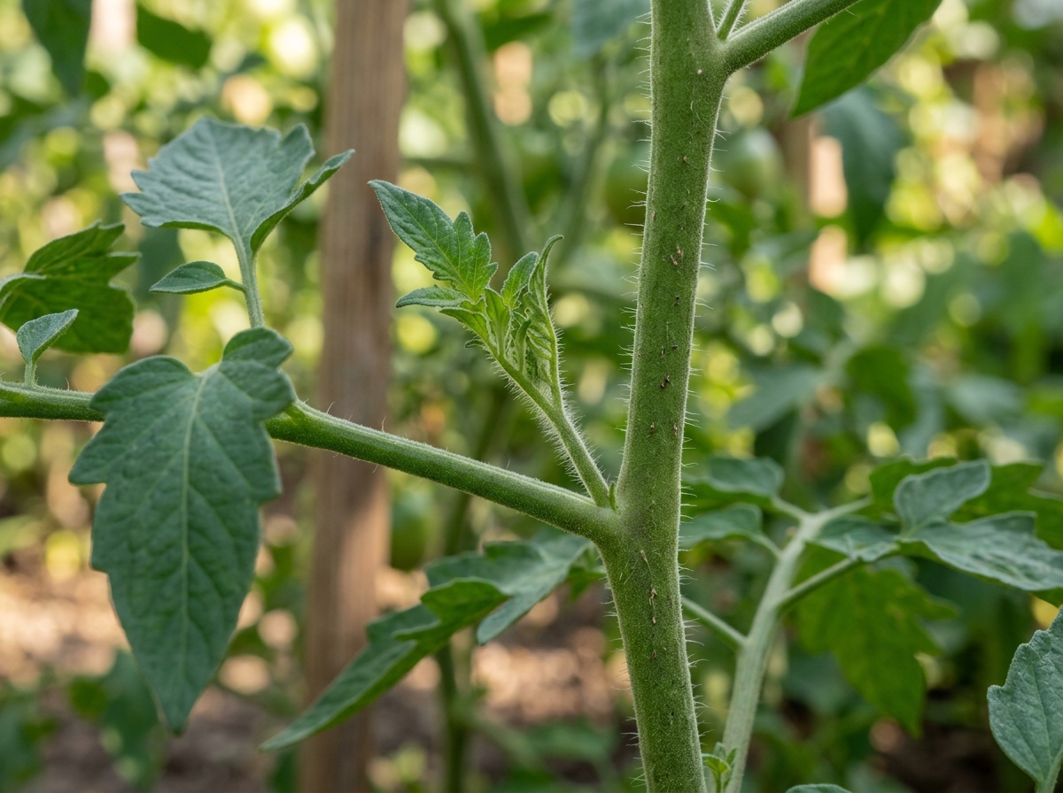 Geiztrieb in Blattachsel einer Tomatenpflanze, 3-5 cm lang, deutlich erkennbar