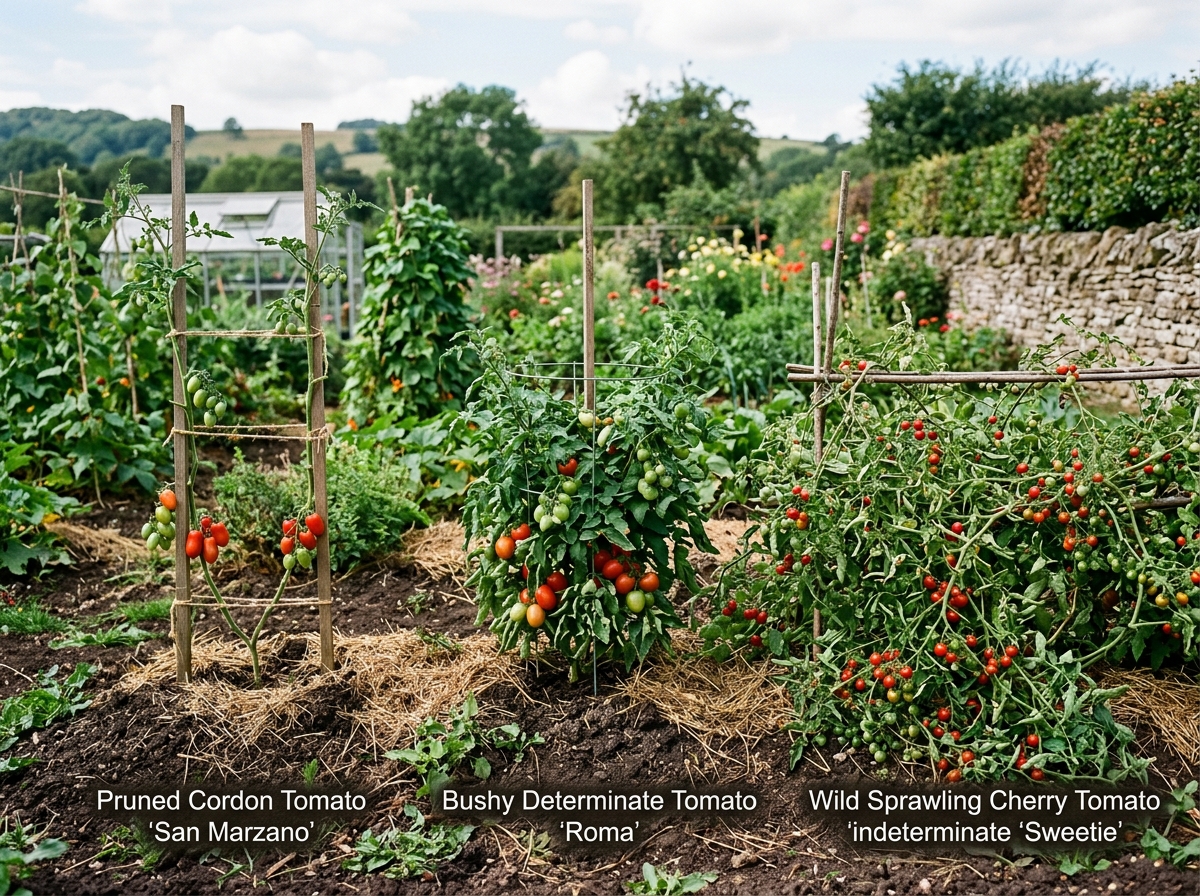 Vergleich: Ausgegeizte Stabtomate, buschige Buschtomate und wild wachsende Wildtomate nebeneinander