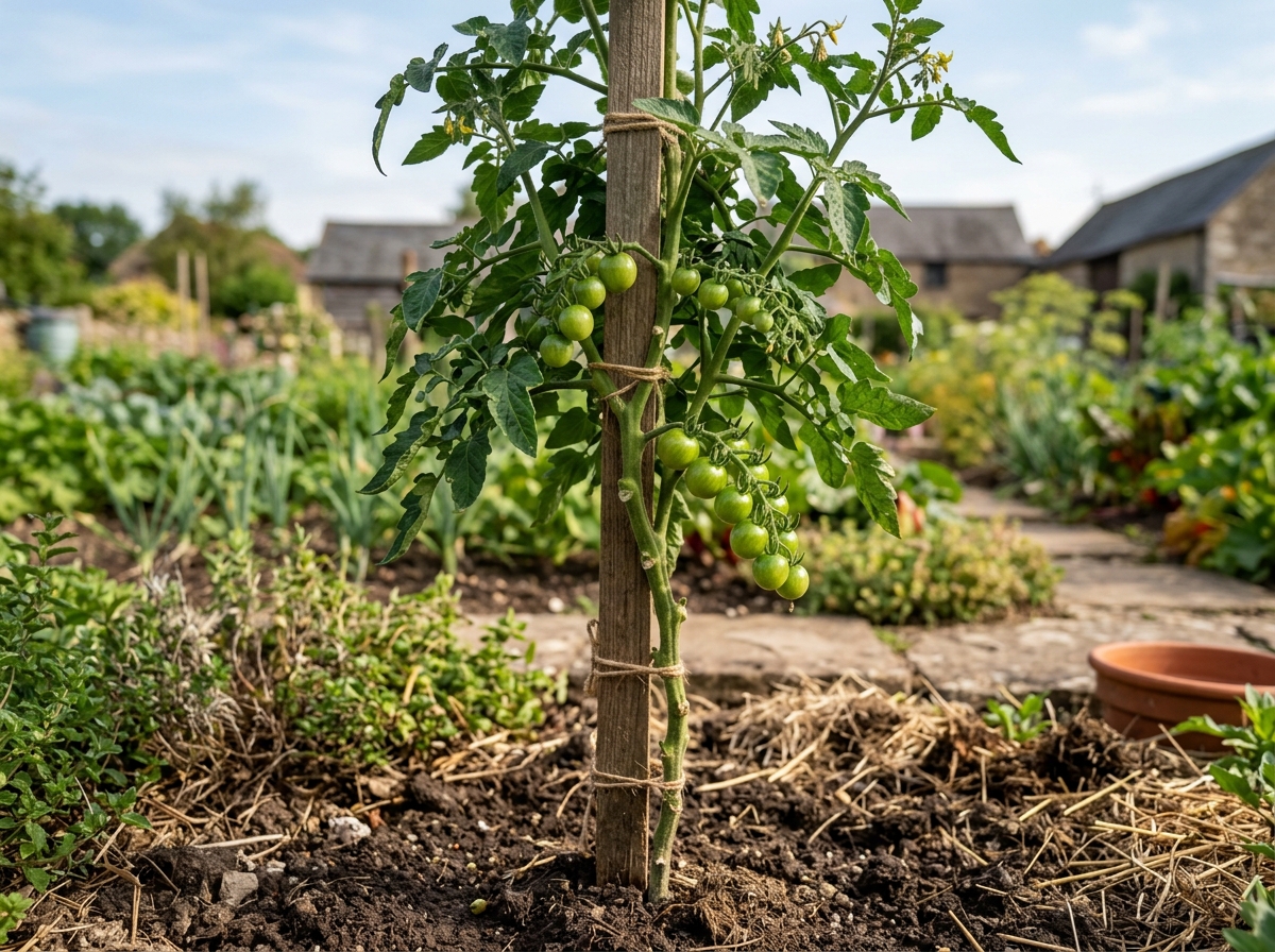 Tomatenpflanze mit entfernten unteren Blättern bis zur ersten Fruchttraube, Boden sichtbar