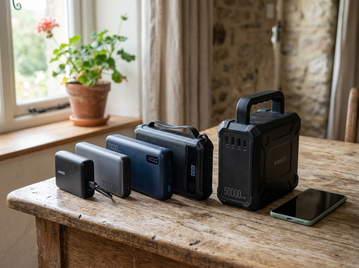 Größenvergleich verschiedener Powerbanks von 5.000 bis 50.000 mAh neben Smartphone
