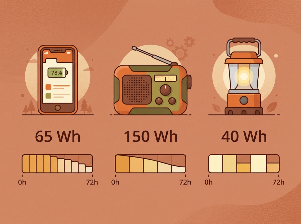 Infografik: Stromverbrauch von Smartphone, Radio und LED-Lampe über 72 Stunden