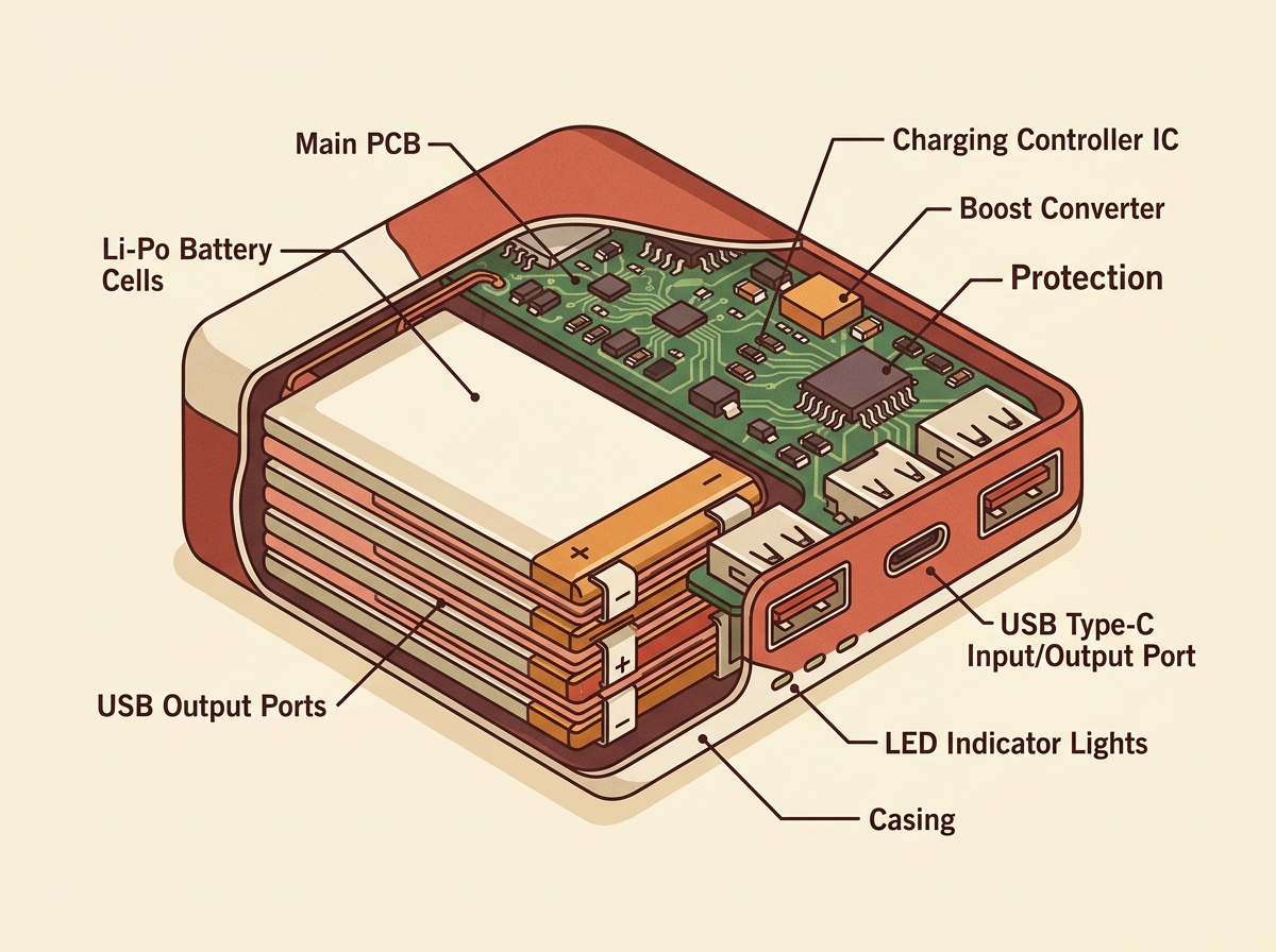 Technische Schnittansicht einer Powerbank mit Akkuzellen und Elektronik-Komponenten