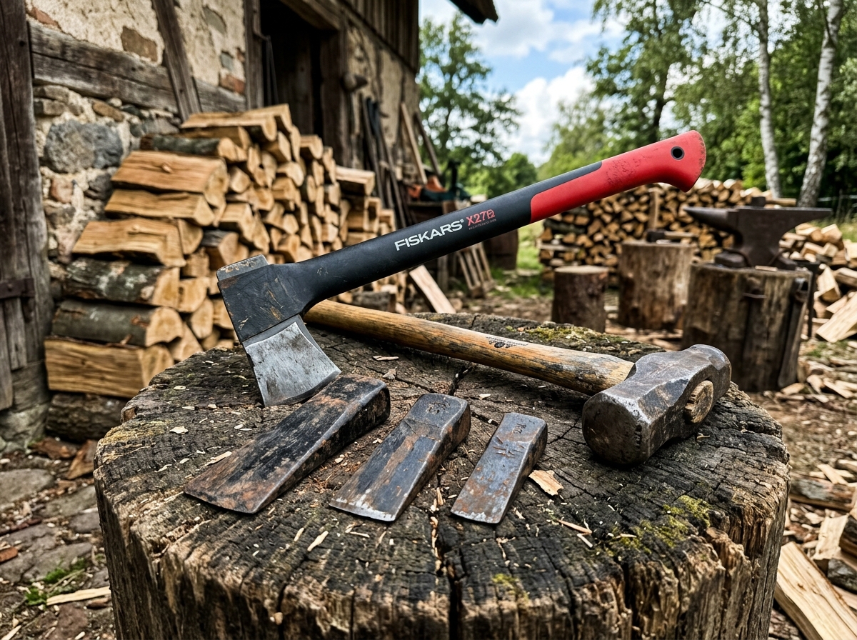Werkzeuge zum Holzspalten: Spaltaxt, Spalthammer und Metallkeile auf Holzklotz