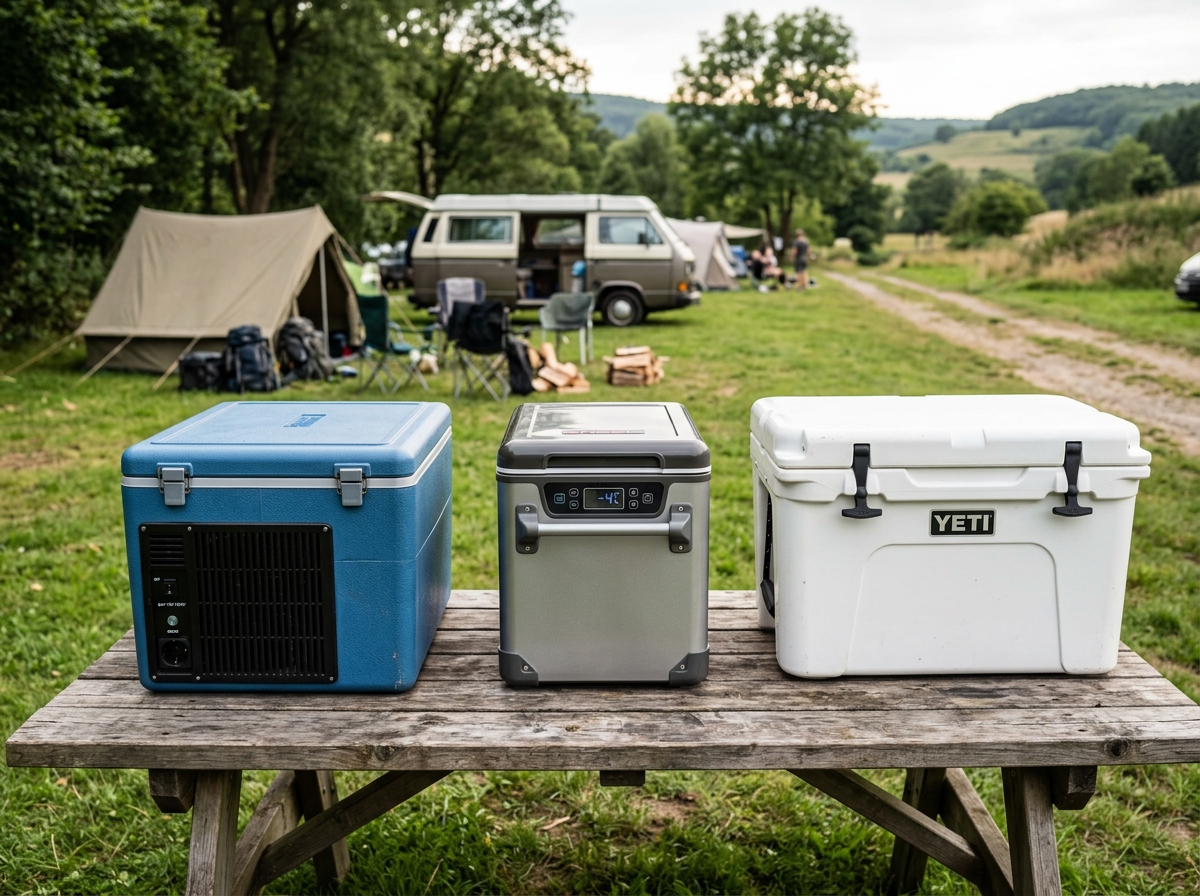 Vergleich: Absorber-, Kompressor- und Passiv-Kühlbox nebeneinander auf Campingtisch