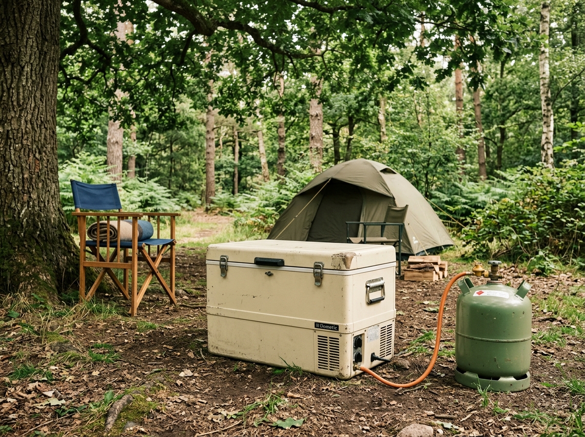 Absorber-Kühlbox mit Gasflasche im Schatten beim Camping, korrekte Aufstellung gezeigt