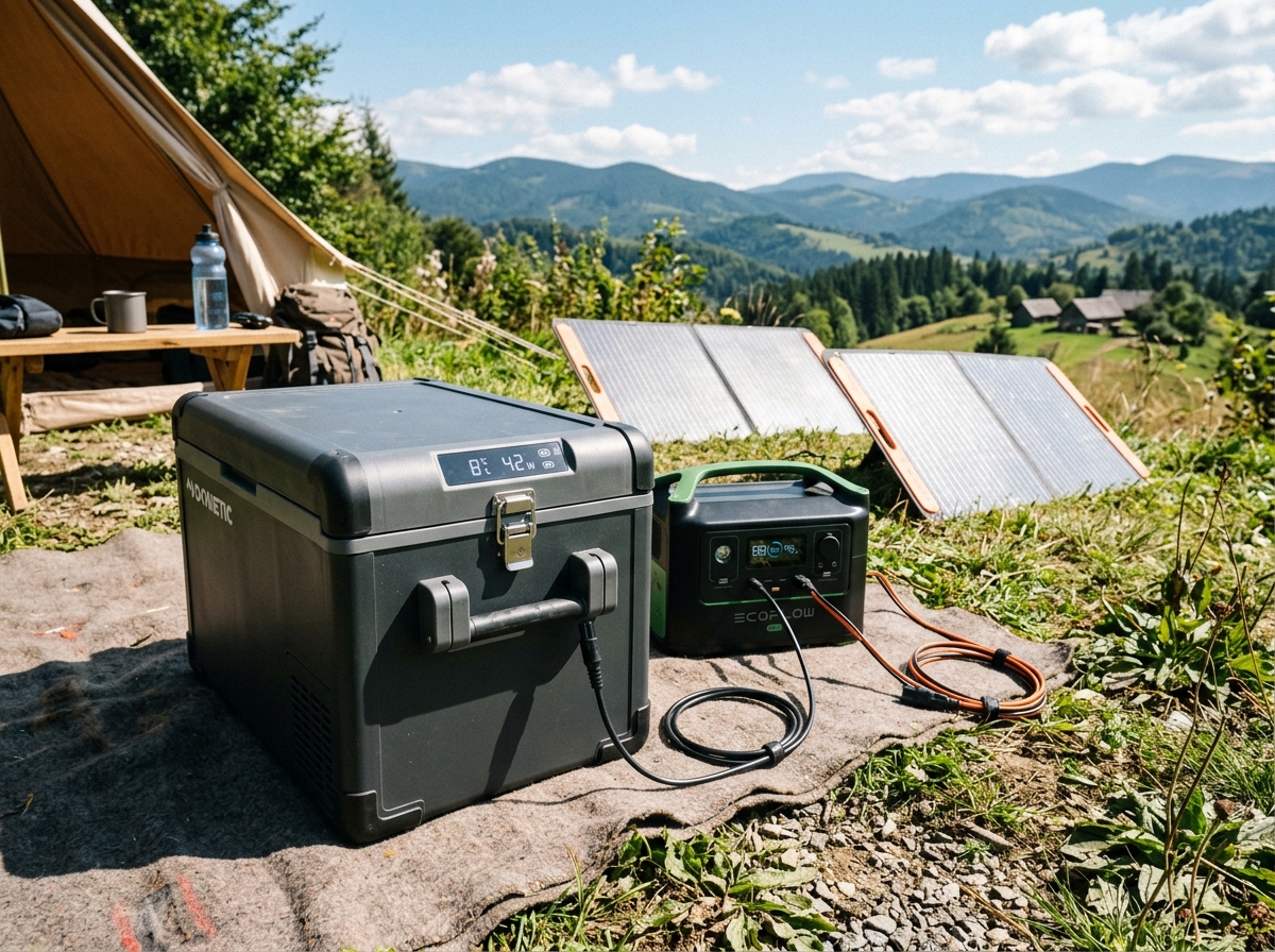 Kompressor-Kühlbox mit Solarpanel und Batterie, Display zeigt Temperatur und Verbrauch