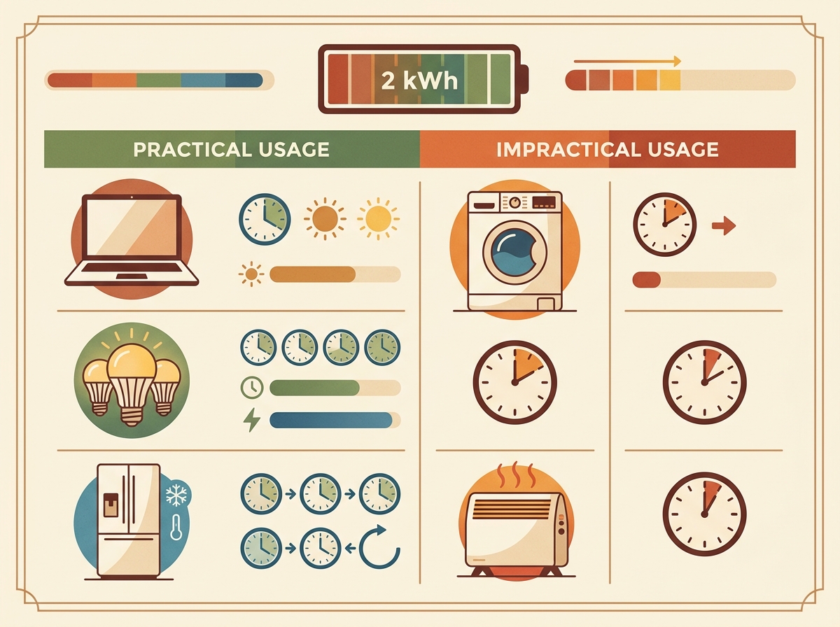 Infografik: Welche Geräte laufen wie lange mit 2-kWh-Speicher