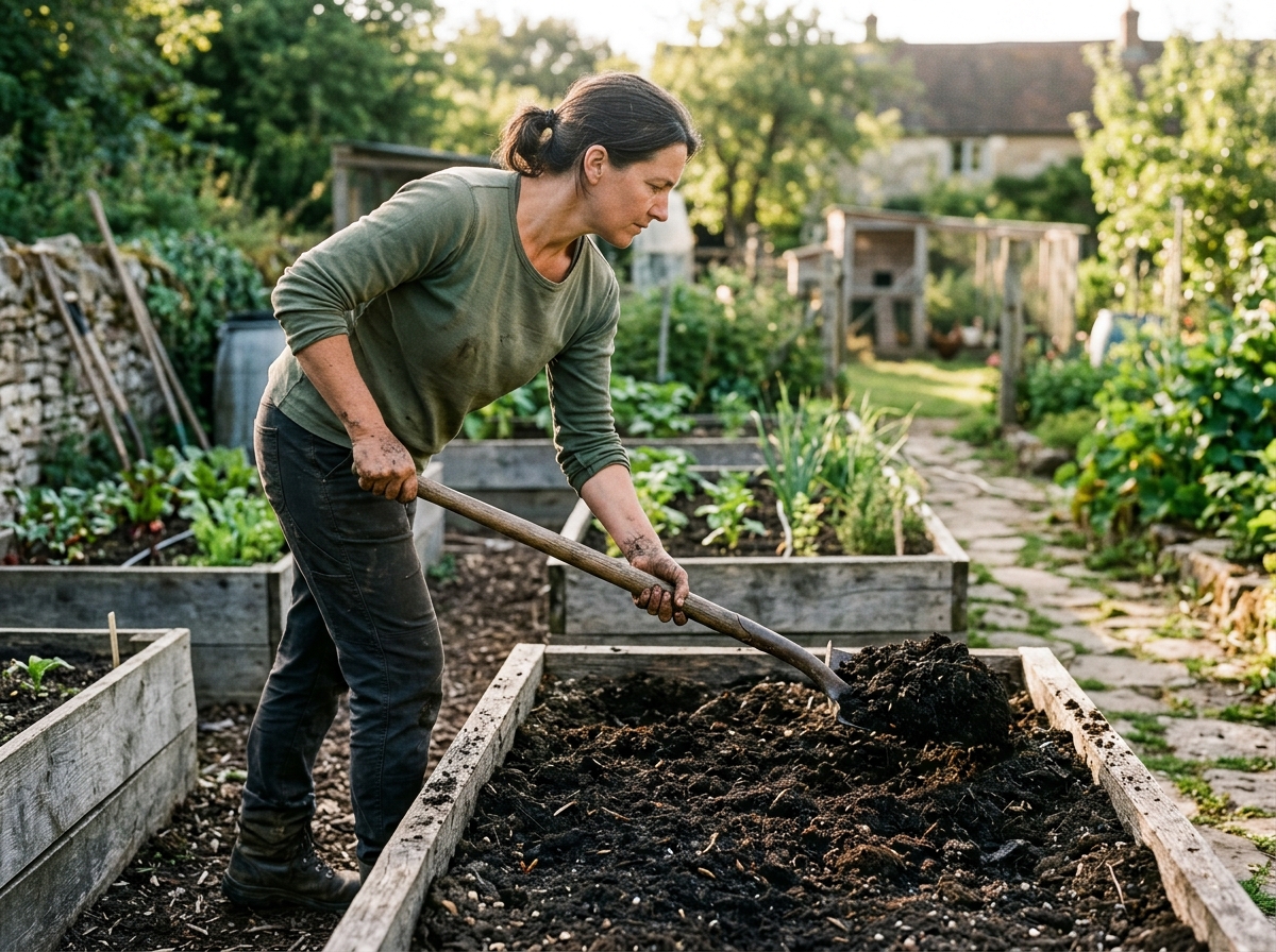 Gartenarbeit mit Rundschaufel beim Kompost verteilen im Hochbeet