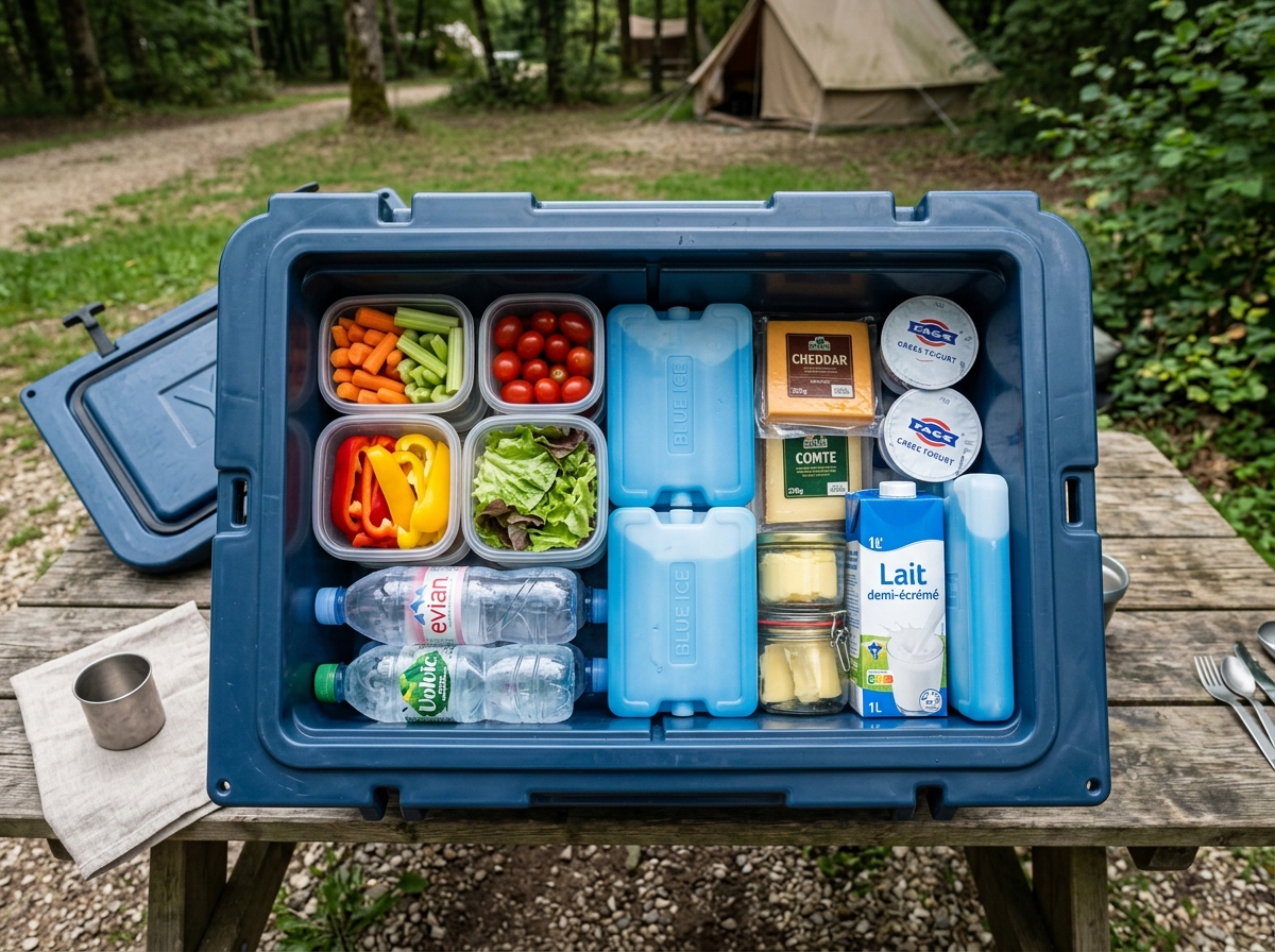 Geöffnete Kühlbox mit Kühlakkus, Lebensmitteln und Wasserflaschen in optimaler Anordnung